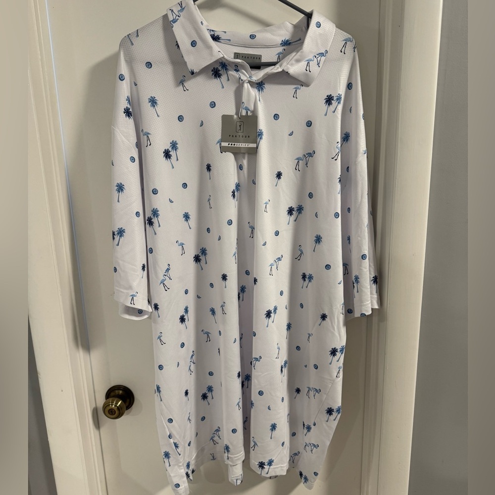 PGA Tour White Polo Dress with Blue Tropical Print